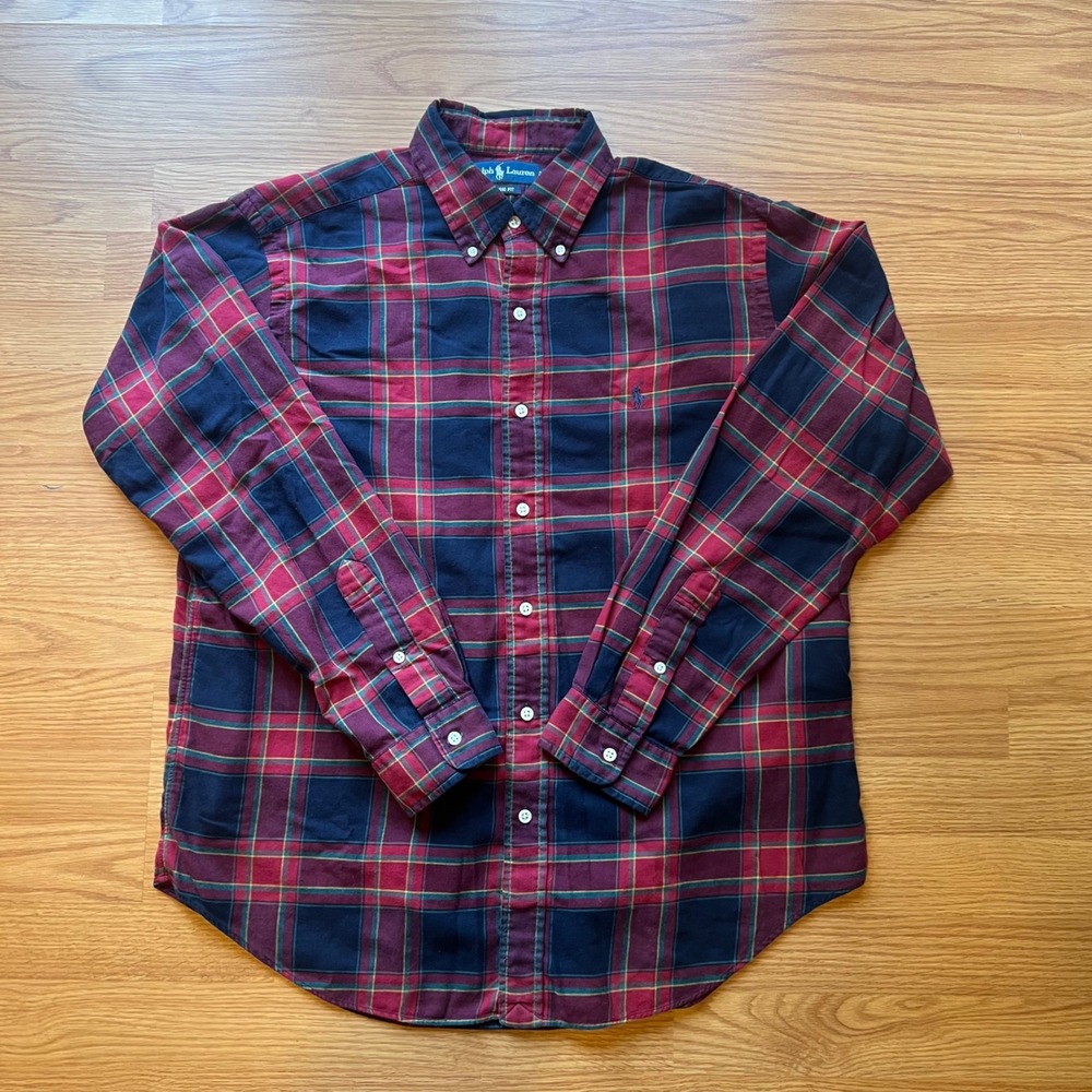 Polo Ralph Lauren Mens Classic Fit Plaid Flannel Shirt Red Navy Blue Large